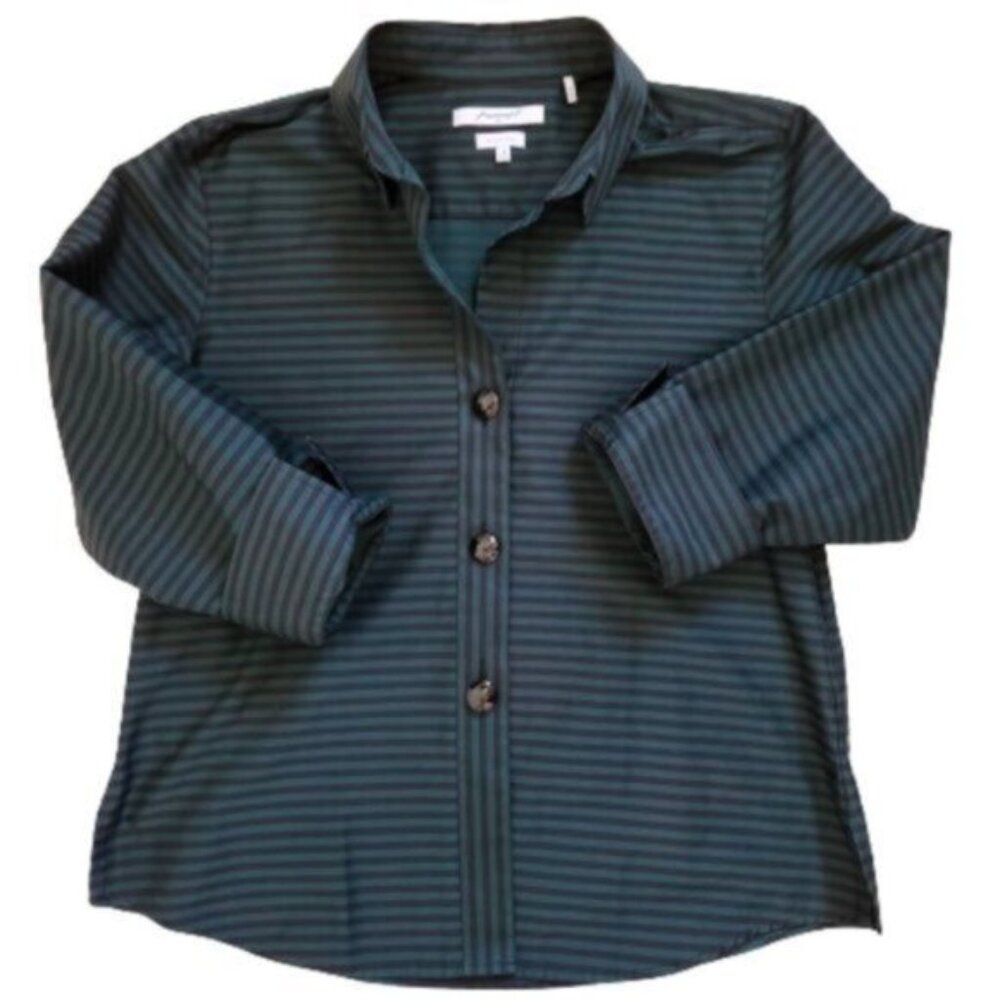 Foxcroft Dark Green and Black Striped Button-Up Blouse